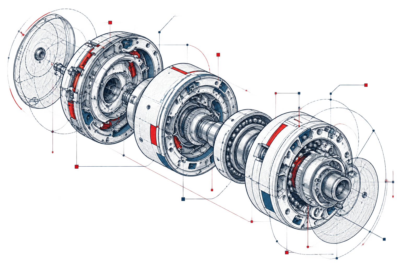 Exploded technical view of a robotic actuator assembly