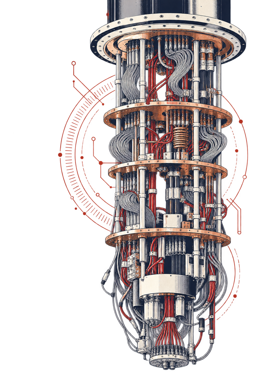 Illustrated quantum computer with copper cooling stages and intricate red and silver wiring.